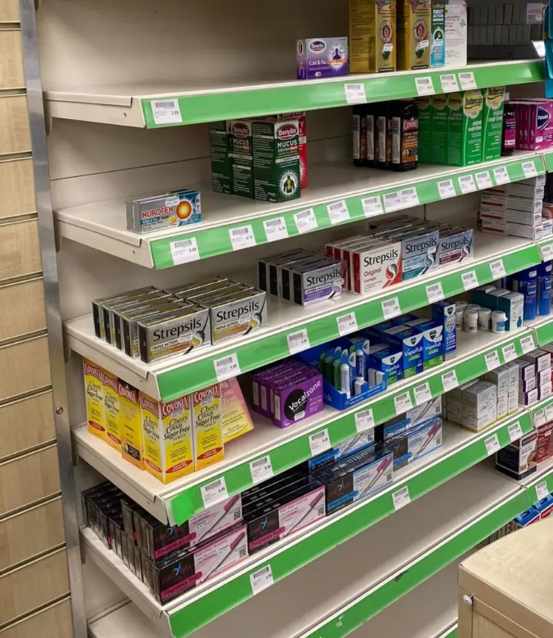 Pharmacy with empty shelves