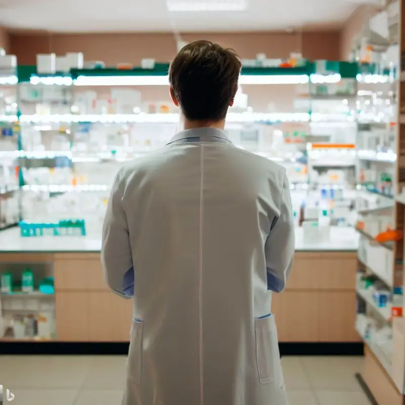 Male pharmacist with back to camera looking at pharmacy stock on shelves