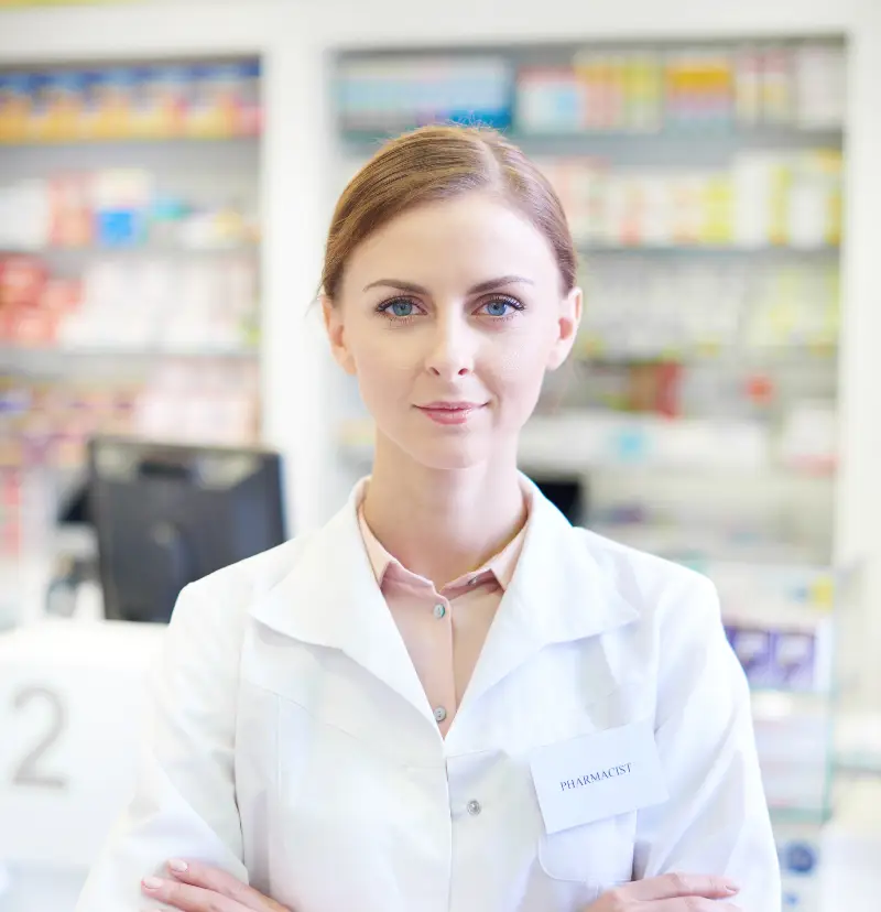 Female pharmacist looking content with life