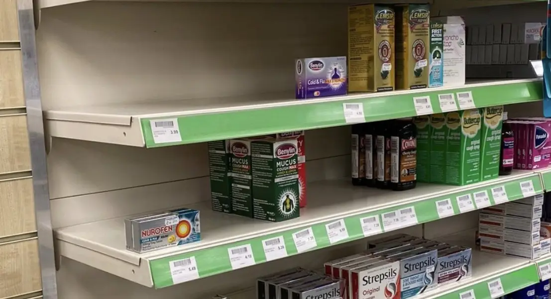 Empty shelves at a pharmacy